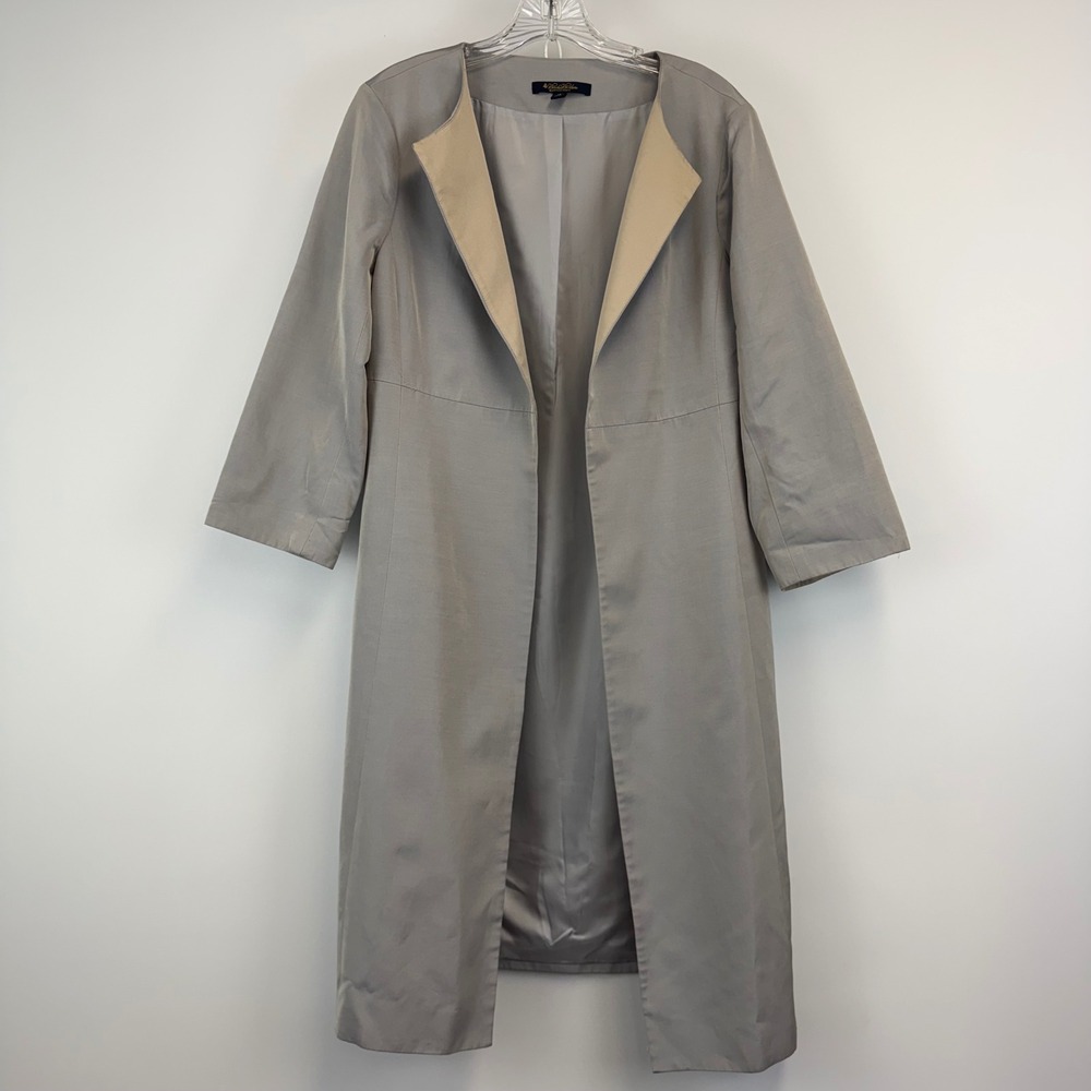 Brooks Brothers Silk Cotton Duster Coat Grey Tan Open Front Jacket Womens 14‎